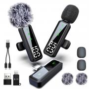 Wireless Lavalier Microphone with LED Display, Lavalier Microphones Clip on Mic With Noise Reduction, for Video Recording, Tiktok, Youtube, Vlog Podcast Content Creator, for Android and iPhone,（Black）